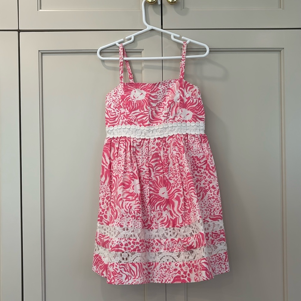 Lilly Pulitzer pink lion floral dress-embroidered lace detail adjustable straps